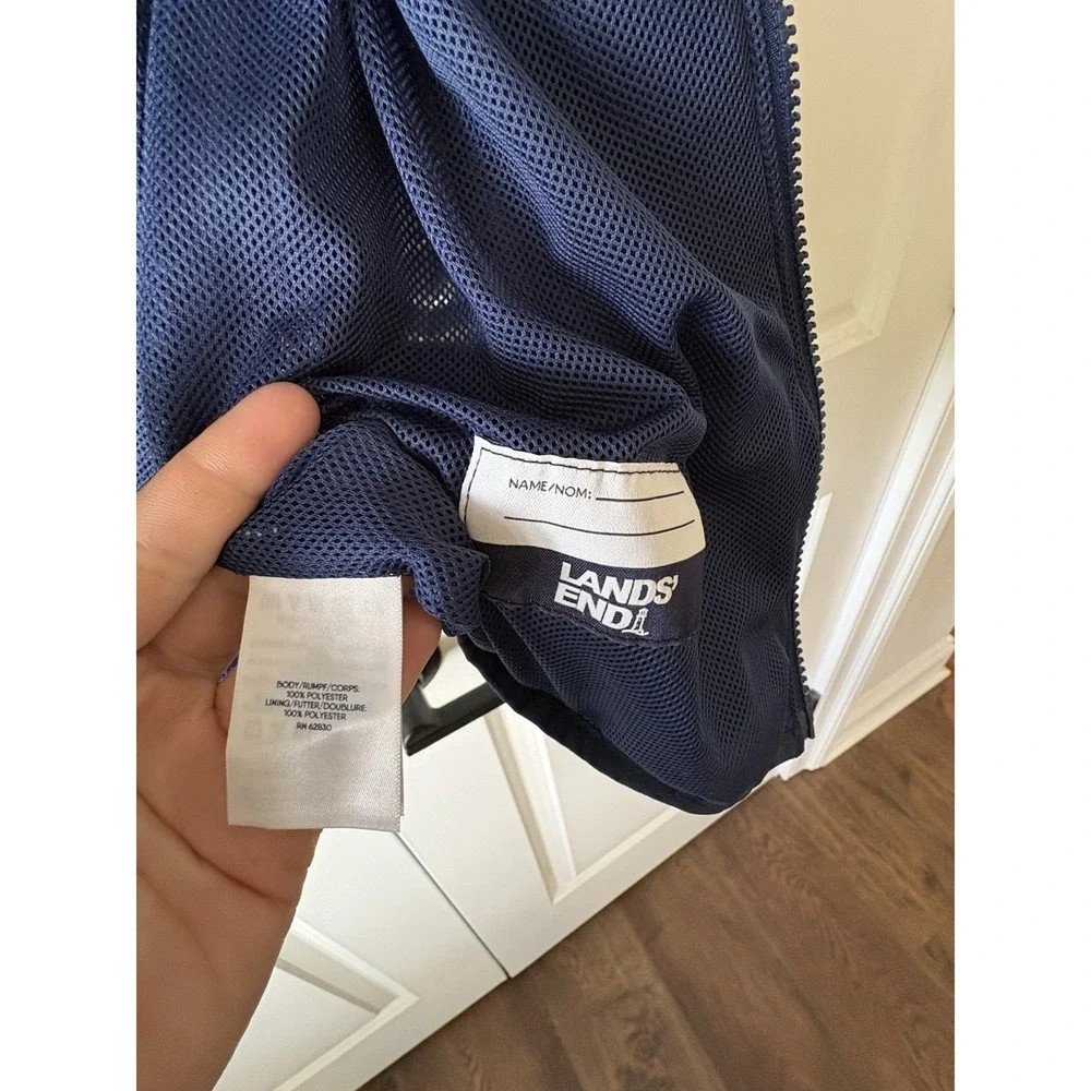 Lands End Hooded Rain Jacket Navy Blue Boys Size L 10-12 Packable Raincoat